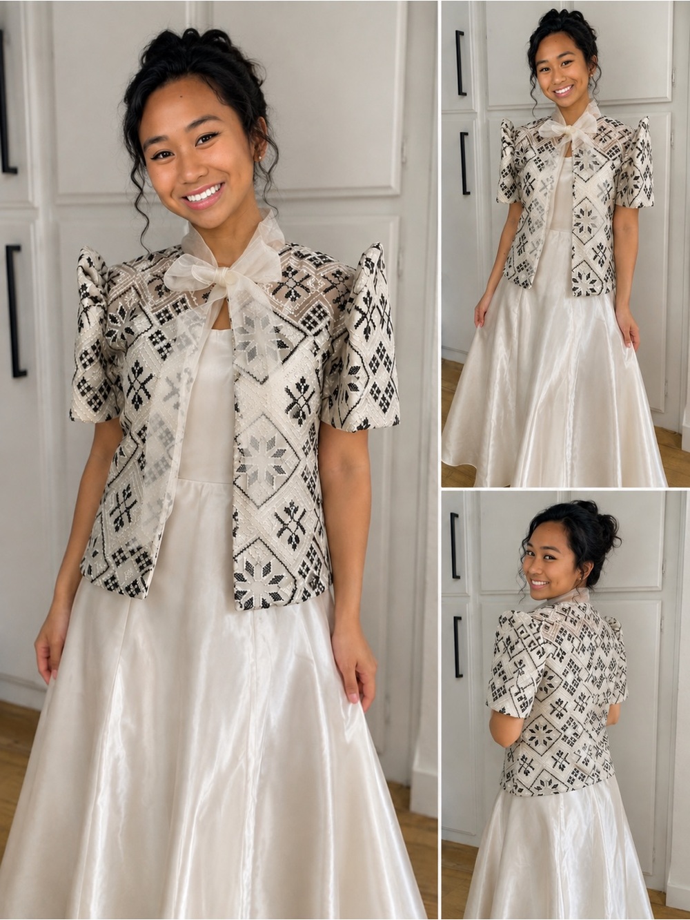 Filipiniana Ivory & Black Embroidered Short Puff-Sleeve Bolero w/ Bow Dress Set